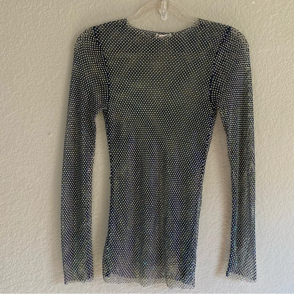 NEW Free People Filter Finish Long Sleeve Netted Rhinestone Top Navy